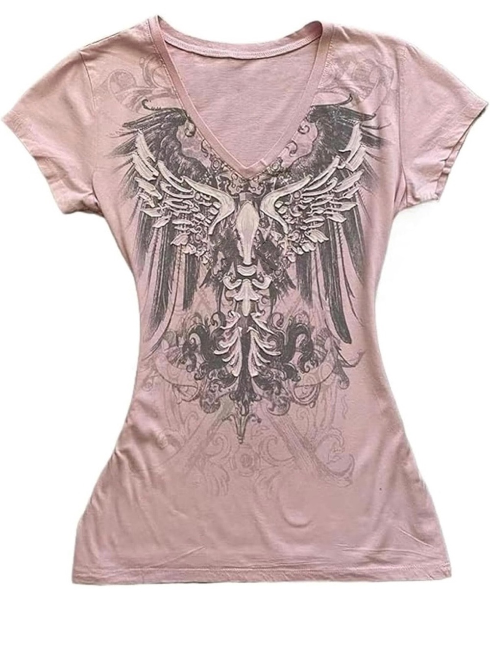 Womens Pink Grunge 2000s V-Neck Vintage Graphic Y2K Tee with Angel Wing Motif